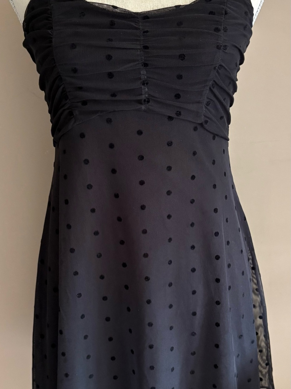Classic Black Polka Dot Mini Dress - Ruched Bodice